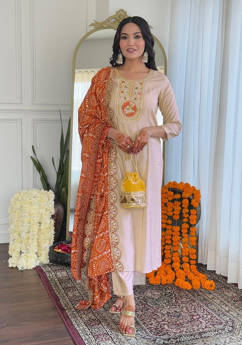 Cream Embroidered Viscose Kurta Set With Dupatta