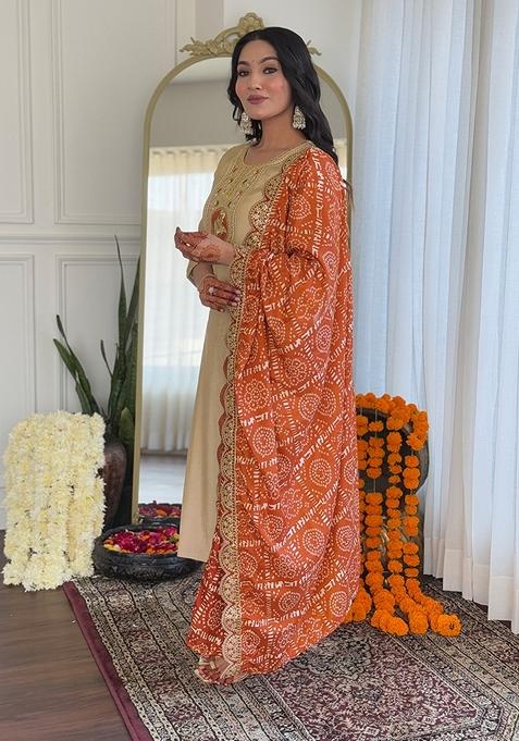 Cream Embroidered Viscose Kurta Set With Dupatta