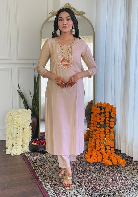 Cream Embroidered Viscose Kurta Set With Dupatta