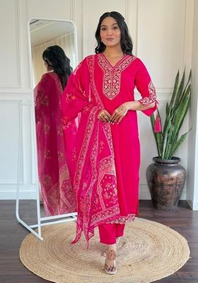 Rani Pink Thread Work Viscose Kurta Set