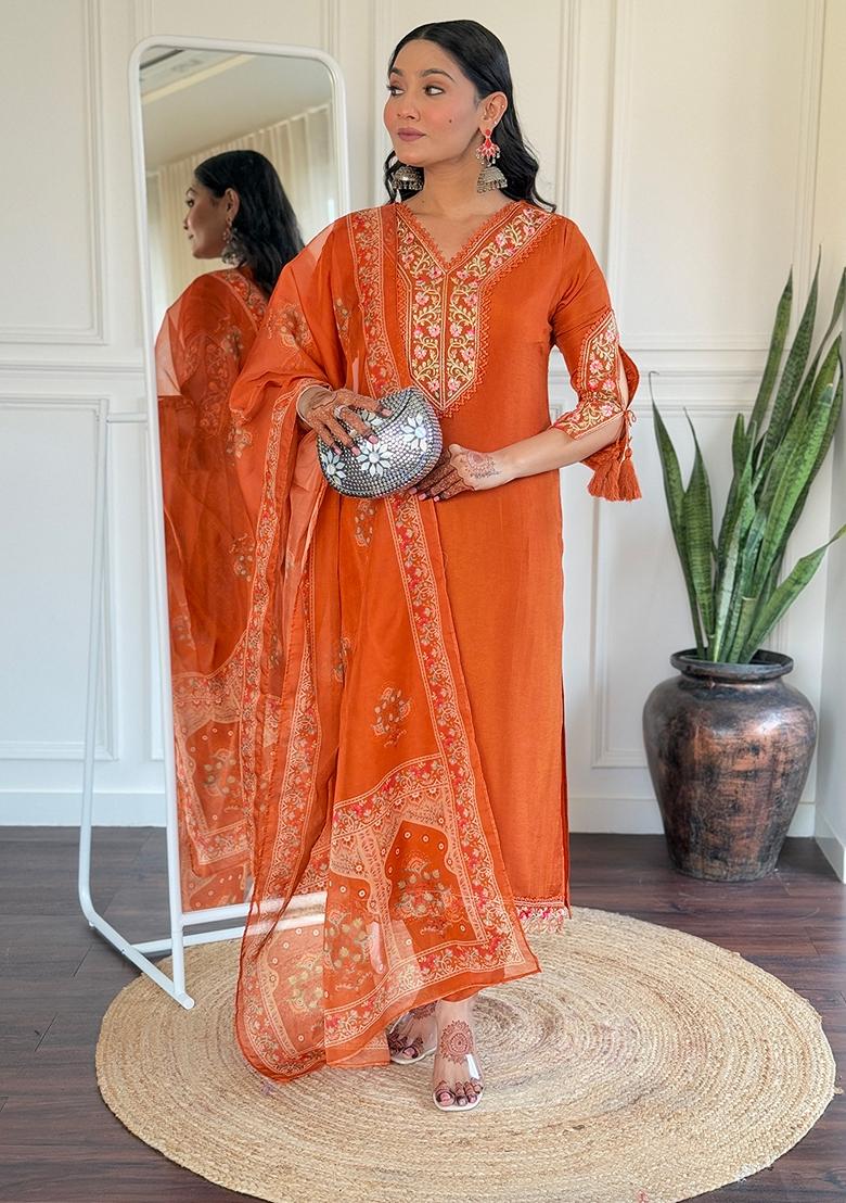 Orange Thread Work Viscose Kurta Set