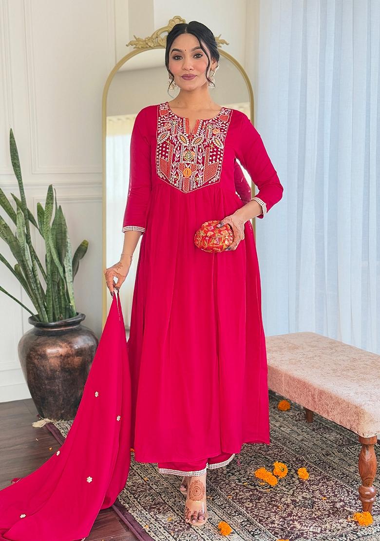 Red Thread Work Vichitra Silk Kurta Set