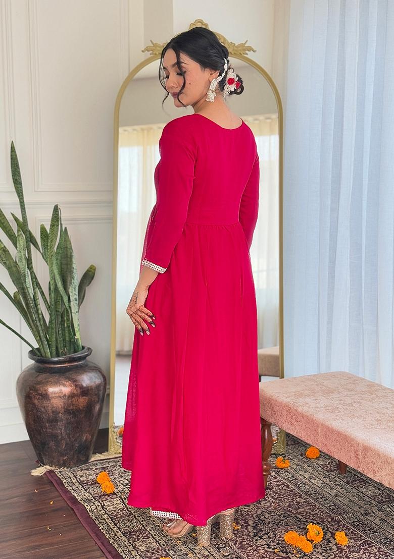 Red Thread Work Vichitra Silk Kurta Set