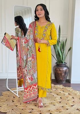 Mustard Thread Work Viscose Kurta Set