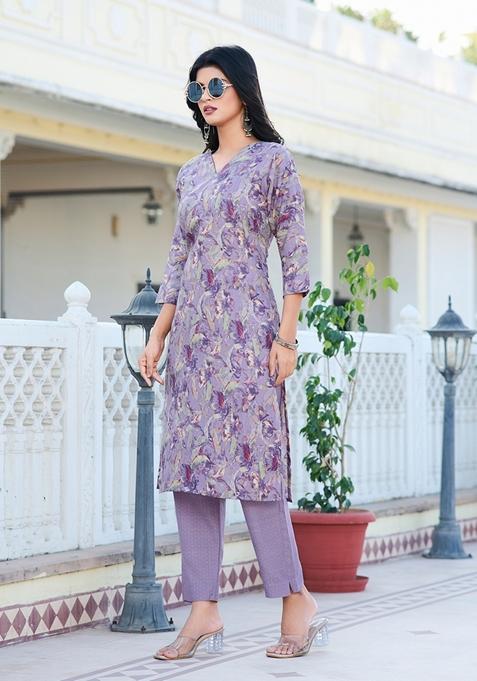 Purple Floral Print Cotton Straight Kurta Set