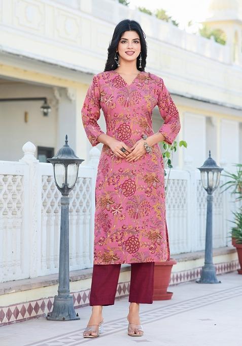 Pink Printed Cotton Kurta Set