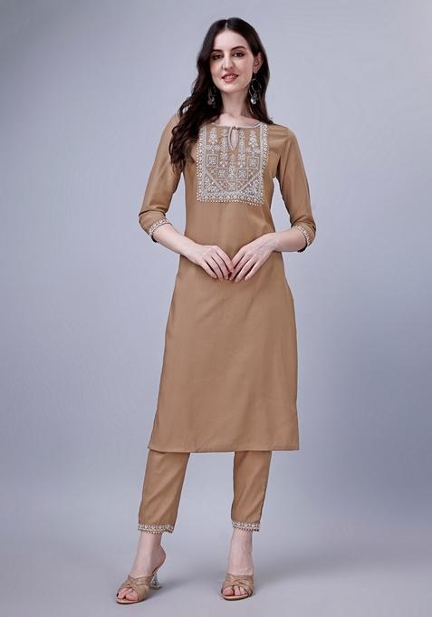 Brown Embroidered Silk Blend Kurta Set