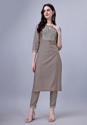 Grey Embroidered Silk Blend Kurta Set