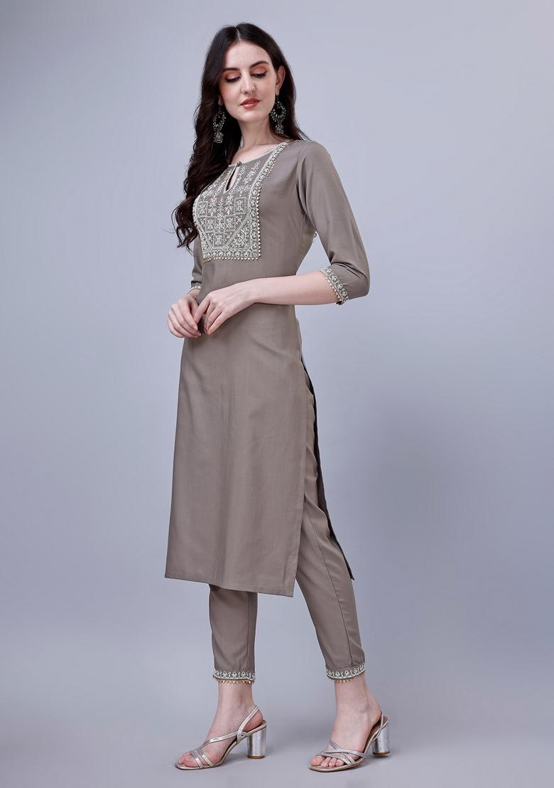 Grey Embroidered Silk Blend Kurta Set