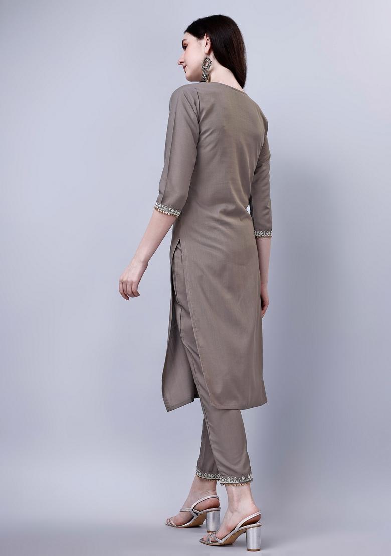 Grey Embroidered Silk Blend Kurta Set