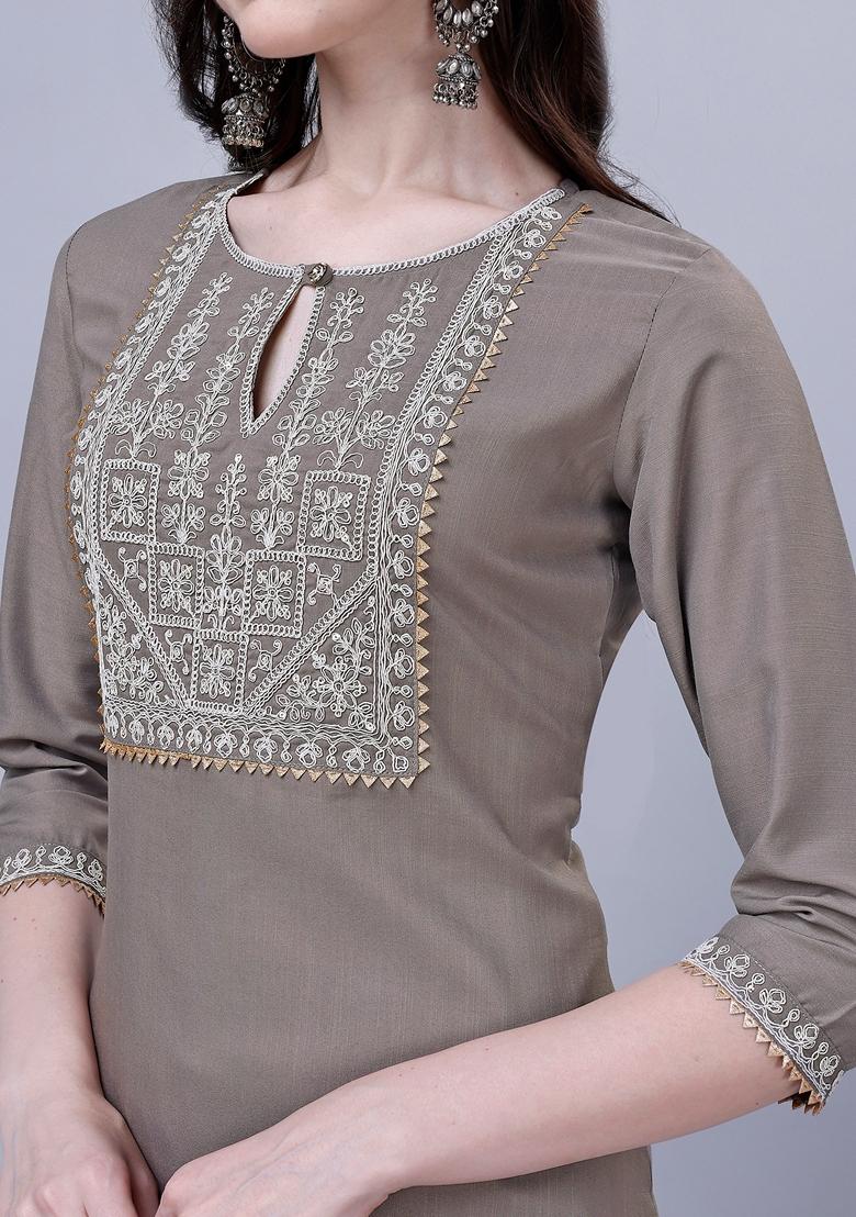 Grey Embroidered Silk Blend Kurta Set