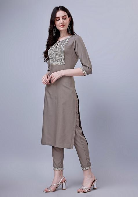 Grey Embroidered Silk Blend Kurta Set