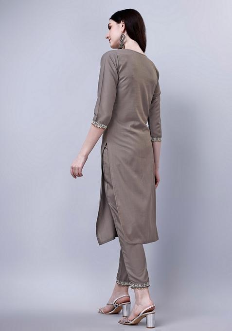 Grey Embroidered Silk Blend Kurta Set