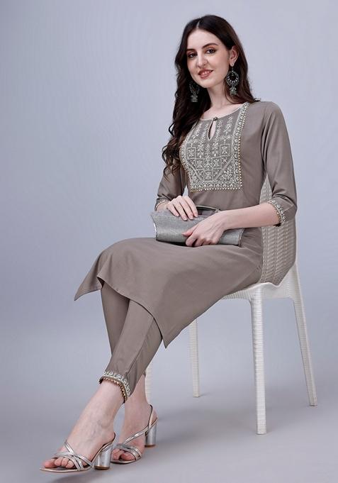 Grey Embroidered Silk Blend Kurta Set