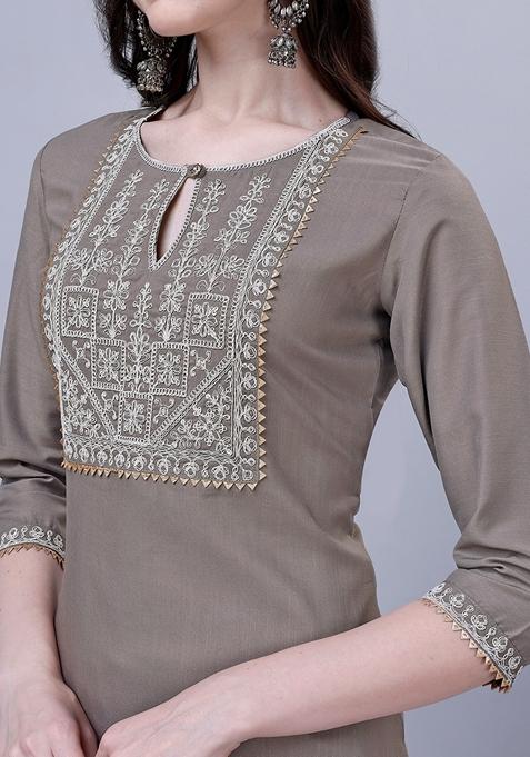Grey Embroidered Silk Blend Kurta Set