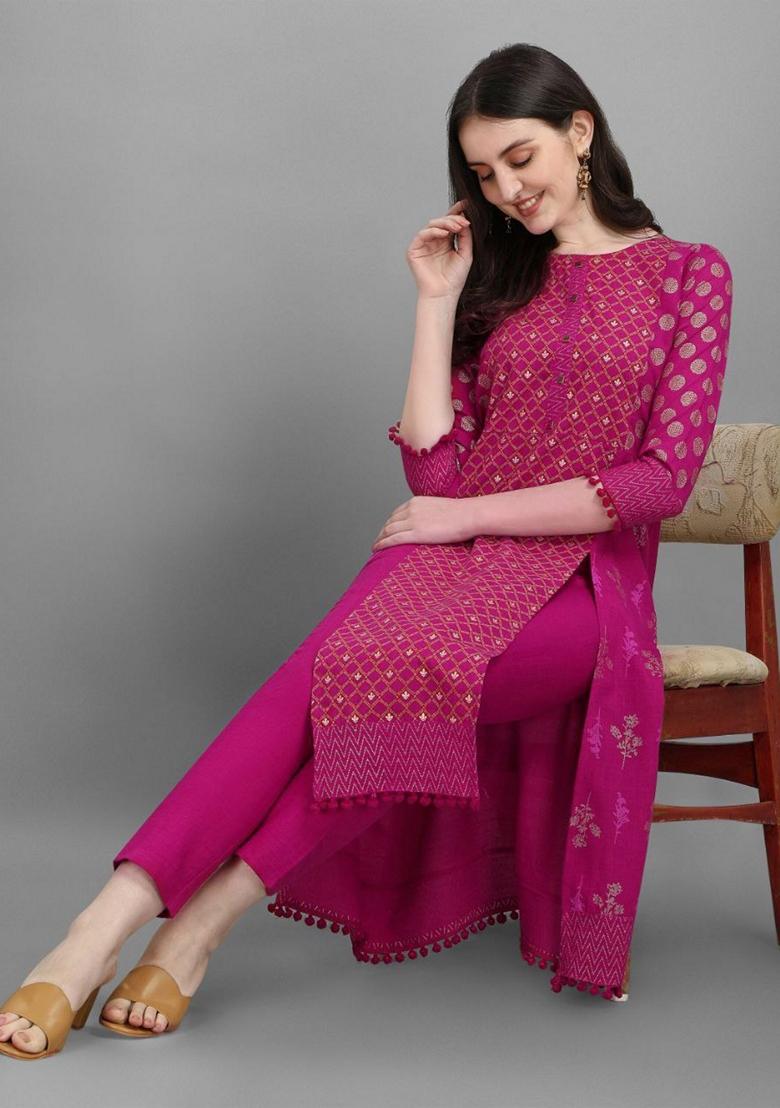 Rani Pink Digital Print Cotton Blend Kurta Set