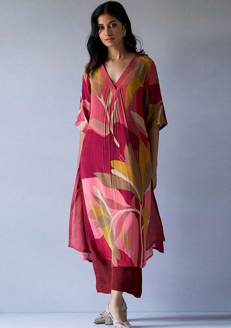 Maroon Printed Rayon Co Ord Set - Indya