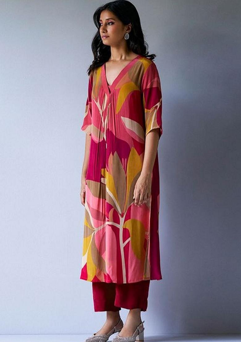 Maroon Printed Rayon Co Ord Set - Indya