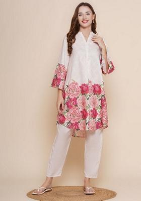 White Digital Print Rayon Co-Ord Set