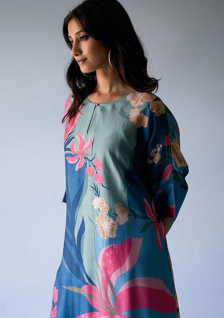 Blue Digital Print Rayon Kurta Set
