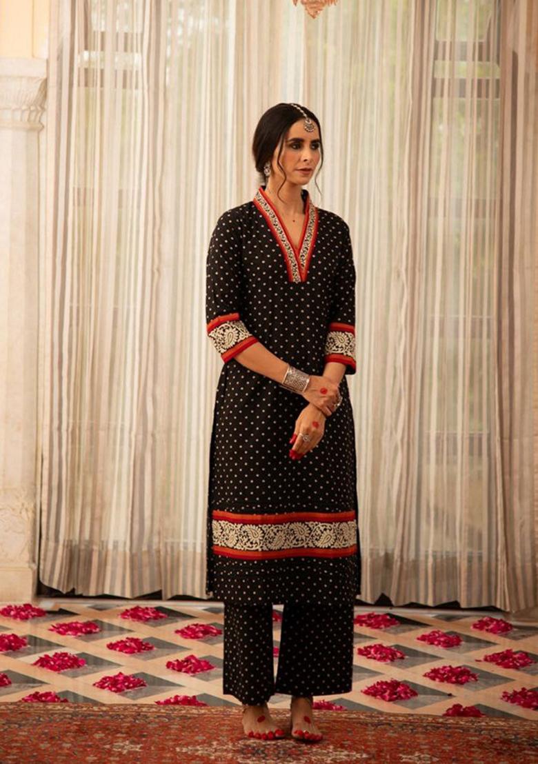 Black Digital Print Rayon Kurta Set