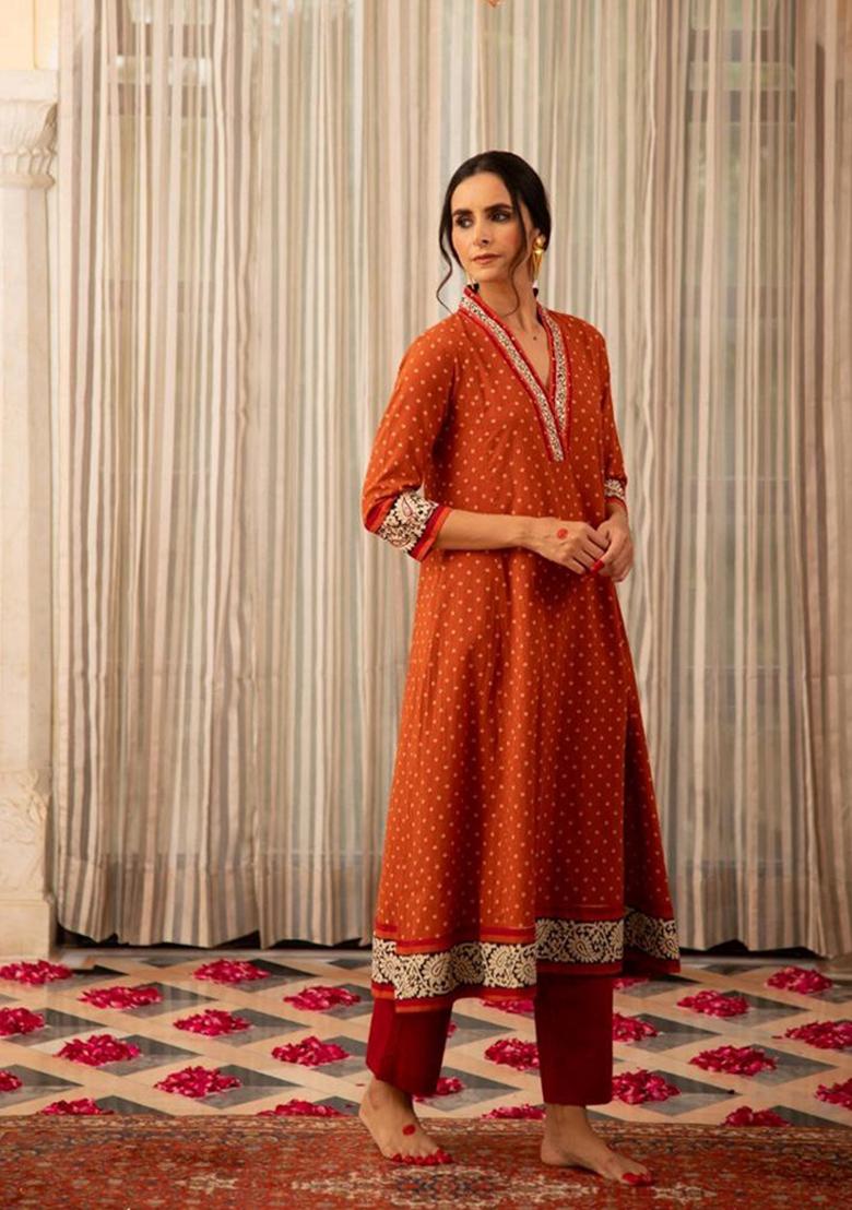 Orange Digital Print Rayon Kurta Set