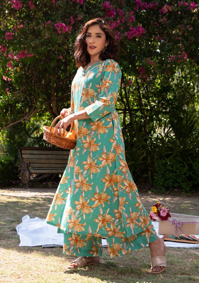 Rama Blue Digital Print Rayon Kurta Set