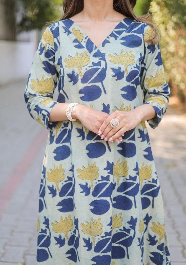 Blue Digital Print Rayon Kurta Set