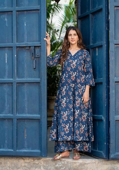 Blue Digital Print Rayon Kurta Set