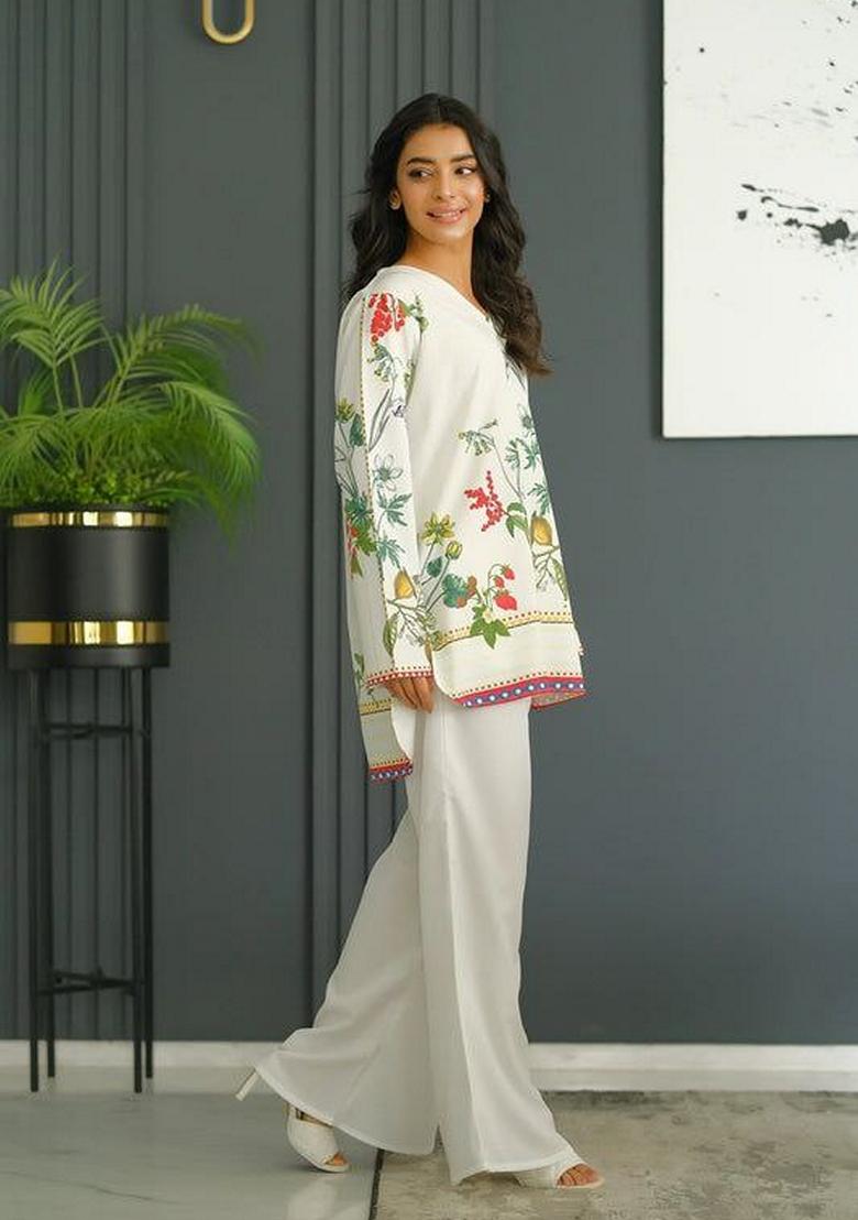 White Digital Print Rayon Co-Ord Set