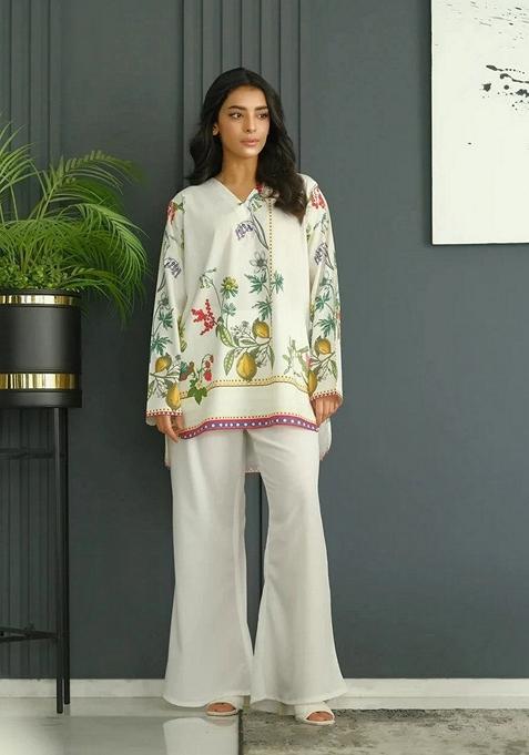 White Digital Print Rayon Co-Ord Set