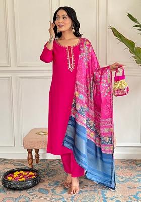 Pink Embroidered Viscose Kurta Set