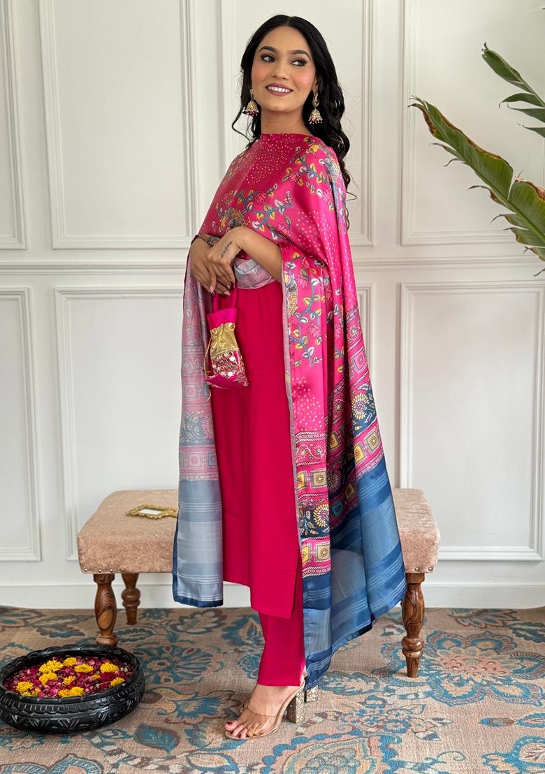Pink Embroidered Viscose Kurta Set