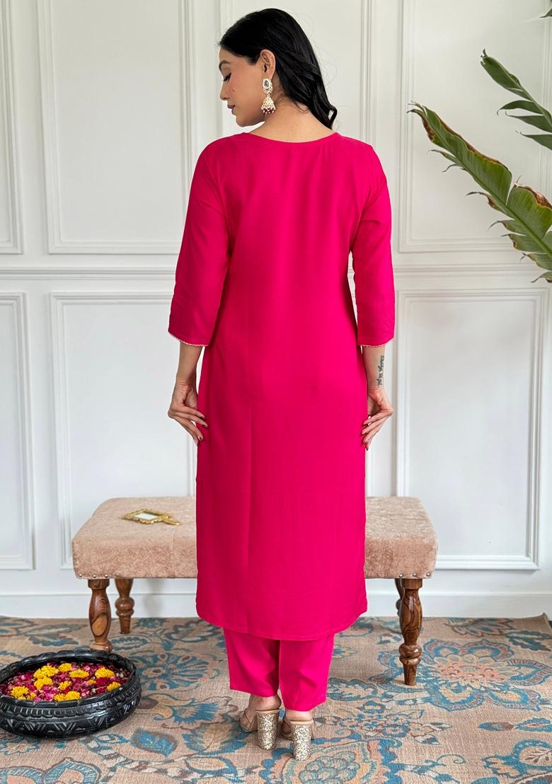 Pink Embroidered Viscose Kurta Set