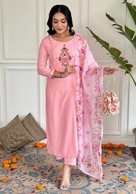 Peach Embroidered Rayon Kurta Set