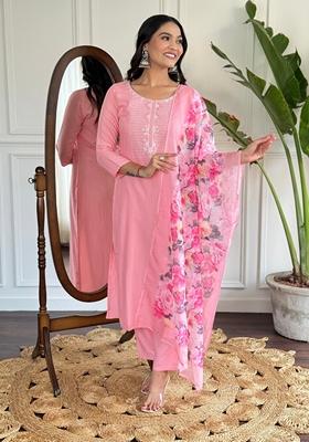 Baby Pink Embroidered Rayon Kurta Set