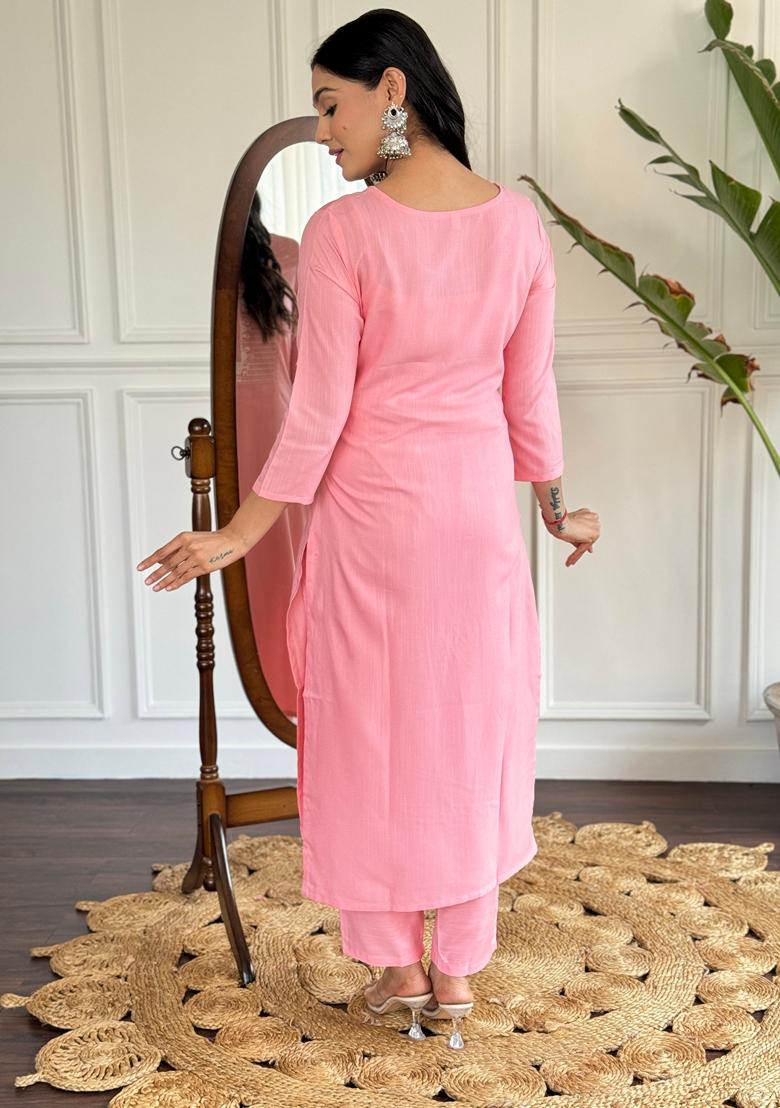Baby Pink Embroidered Rayon Kurta Set