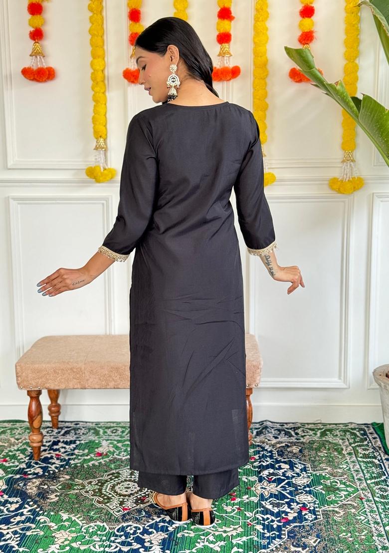 Black Embroidered Rayon Kurta Set