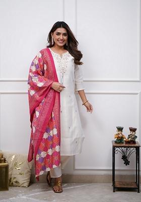 White Embroidered Silk Kurta Set