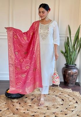 Off White Embroidered Chanderi Kurta Set