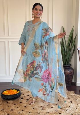 Sky Blue Embroidered Chanderi Kurta Set
