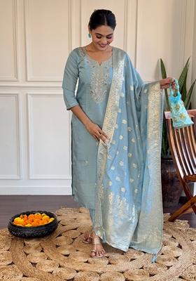 Light Blue Embroidered Chanderi Kurta Set