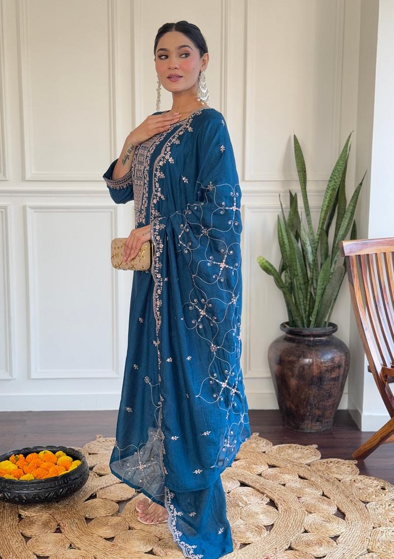 Teal Blue Embroidered Silk Kurta Set