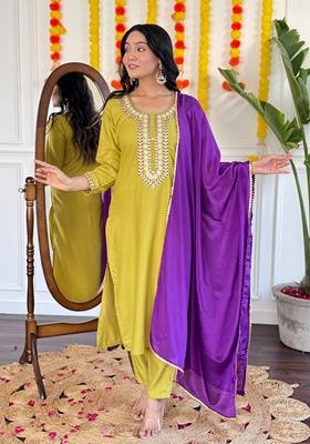 Yellow Embroidered Rayon Kurta Set