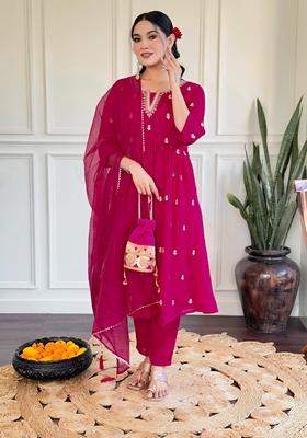 Pink Embroidered Vichitra Silk Kurta Set