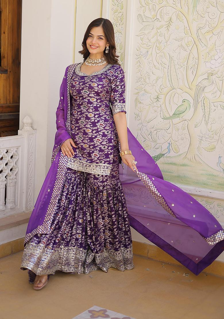 Wine Embroidered Viscose Kurta Set