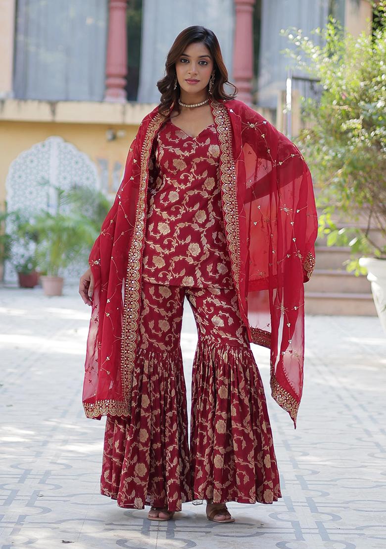 Maroon Zari Viscose Kurta Set