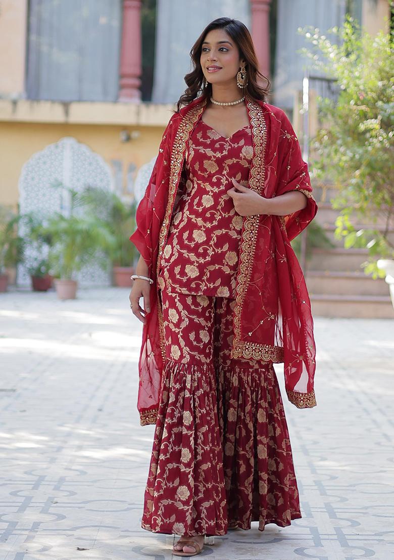 Maroon Zari Viscose Kurta Set
