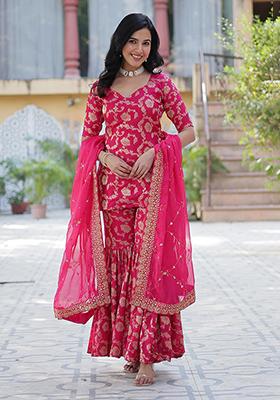 Rani Pink Zari Viscose Kurta Set