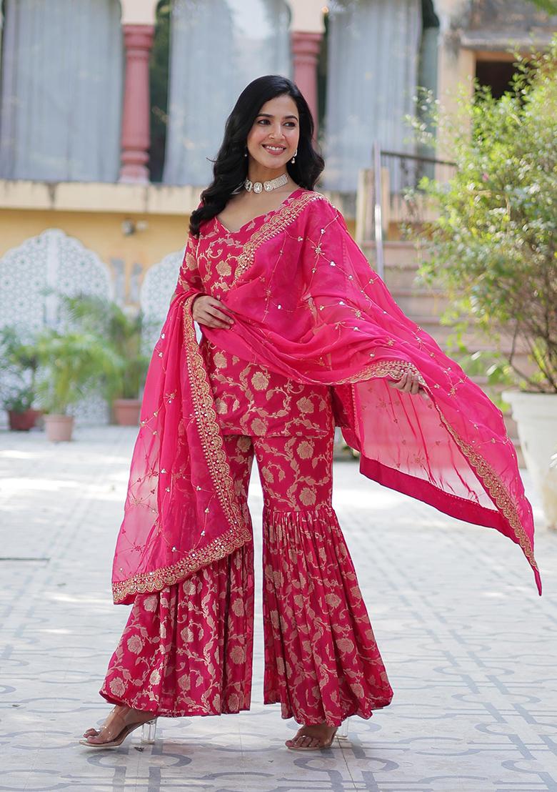 Rani Pink Zari Viscose Kurta Set